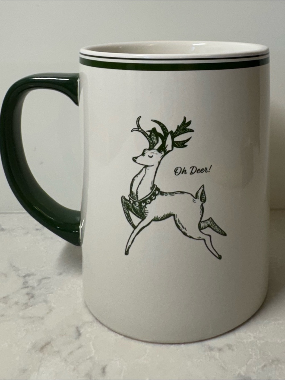 Sur La Table White Ceramic Mug with Dark Green Handle and Trim Christmas